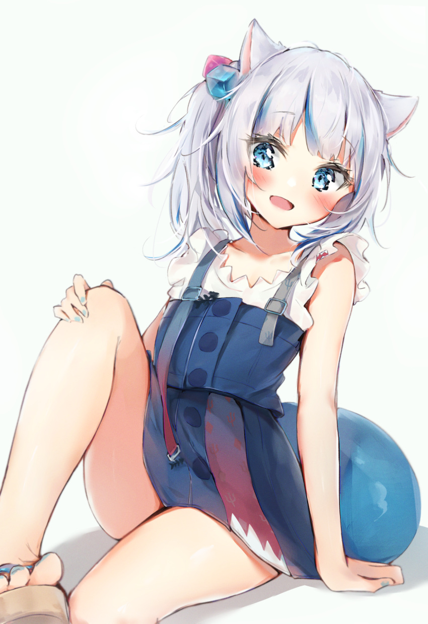 1girl :d animal_ears bangs bare_arms bare_legs bare_shoulders blue_dress blue_eyes blush cat_ears collarbone dress eyebrows_visible_through_hair gawr_gura hair_cubes hair_ornament highres hololive hololive_english knee_up looking_at_viewer open_mouth sandals seboneko shirt short_hair short_ponytail side_ponytail simple_background sitting sleeveless sleeveless_dress sleeveless_shirt smile solo tail virtual_youtuber white_background white_shirt