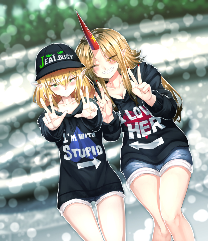 2girls absurdres alternate_costume arrow_(symbol) bangs baseball_cap black_hoodie blonde_hair blue_shorts blush breasts closed_eyes closed_mouth clothes_writing commentary double_w dutch_angle english_text eyebrows_visible_through_hair eyes_visible_through_hair feet_out_of_frame green_eyes grin hair_between_eyes hat hat_writing heart heart_print highres hood hoodie horns hoshiguma_yuugi i'm_with_stupid long_hair looking_at_viewer medium_breasts medium_hair mizuhashi_parsee multiple_girls pointy_ears shorts single_horn smile star_(symbol) sunyup touhou w yuri