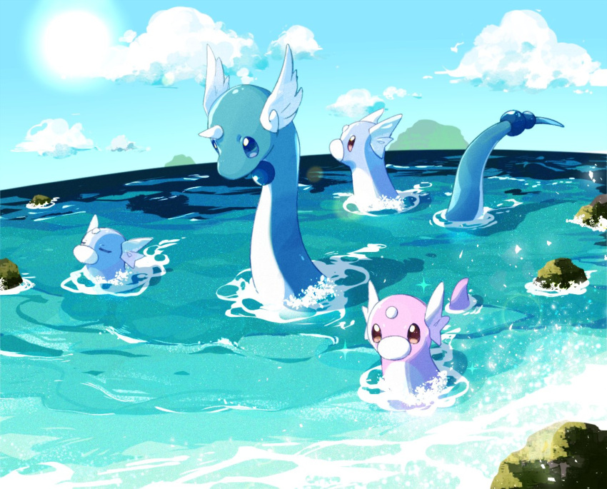 alternate_color blue_eyes bokubo closed_eyes clouds day dragonair dratini gen_1_pokemon horns looking_down no_humans outdoors pokemon pokemon_(creature) rock shiny_pokemon single_horn sky sparkle swimming symbol_commentary water