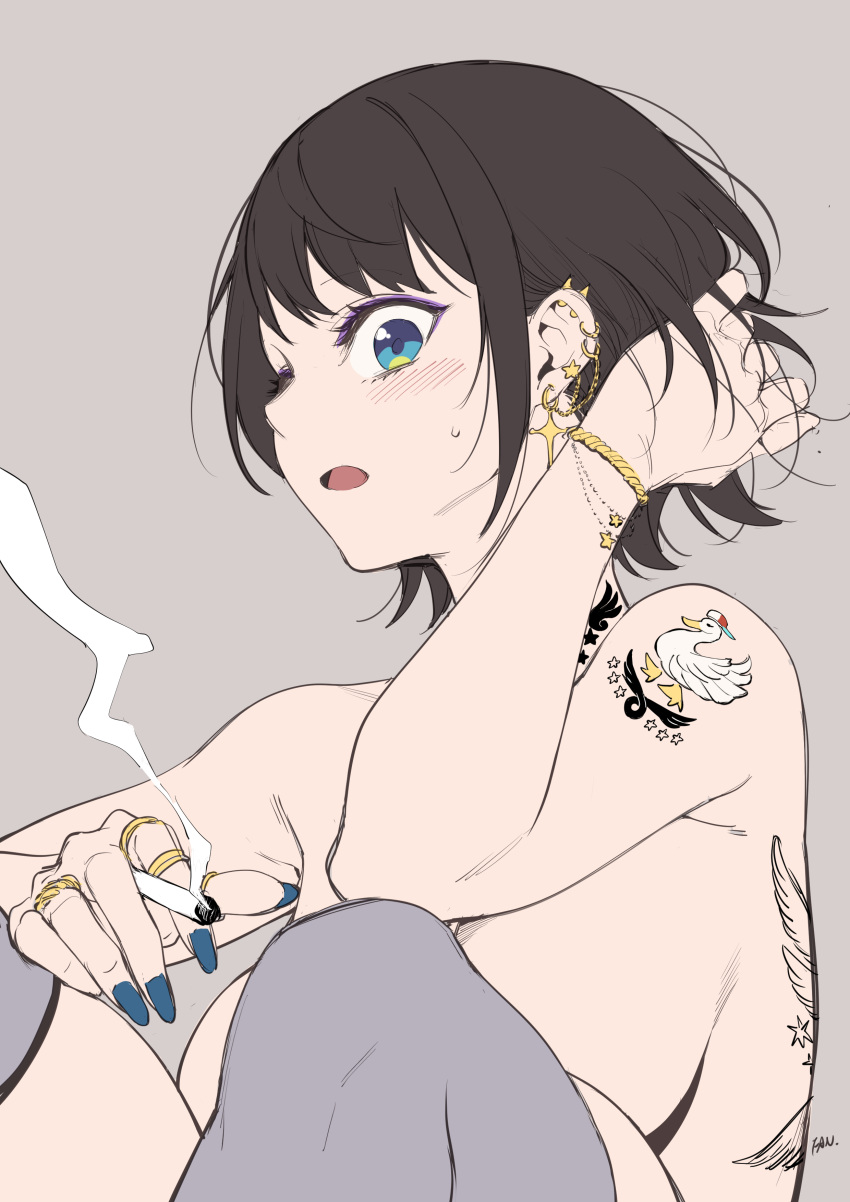 1girl absurdres back_tattoo black_hair blue_eyes blue_nails blush bracelet breasts cigarette ear_piercing earrings f.w.zholic grey_background grey_legwear highres hololive jewelry large_breasts looking_at_viewer nail_polish neck_tattoo oozora_subaru open_mouth piercing ring short_hair shoulder_tattoo simple_background sitting smoke solo sweatdrop tattoo thigh-highs topless upper_body