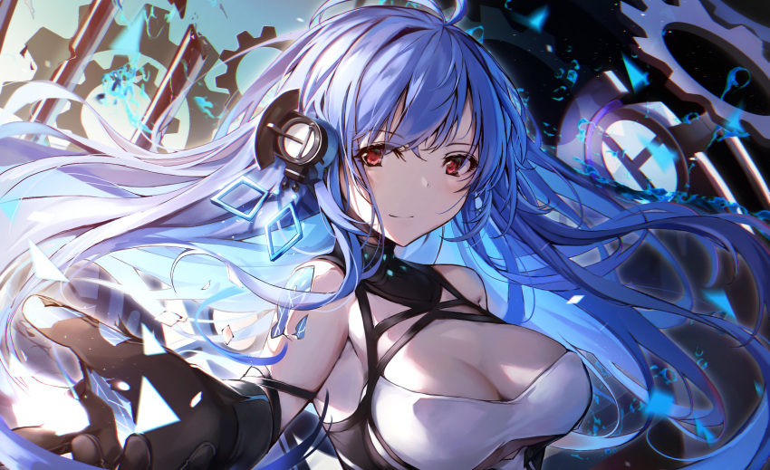 1girl azur_lane bare_shoulders black_gloves blue_hair breasts dress elbow_gloves expressionless gears gloves heaven's_melody helena_(azur_lane) helena_(meta)_(azur_lane) highres long_hair looking_at_viewer medium_breasts red_eyes rigging searchlight side_cutout skindentation sleeveless sleeveless_dress smile solo upper_body waist_cape white_dress