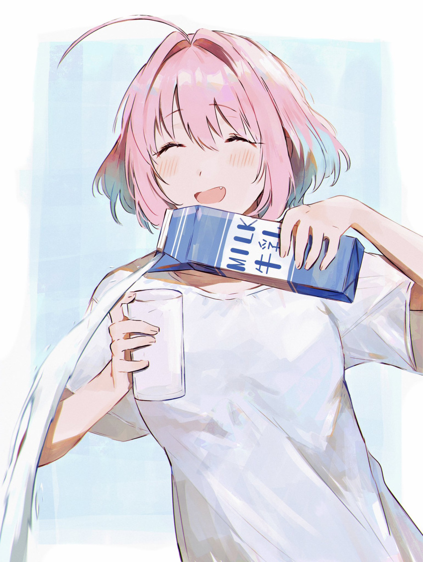 1girl ahoge blue_hair closed_eyes commentary_request cup drinking_glass failure hair_intakes hamachamu highres holding holding_cup idolmaster idolmaster_cinderella_girls milk milk_carton multicolored_hair open_mouth pink_hair pouring shirt short_hair skeleton_print solo two-tone_hair upper_body white_shirt yumemi_riamu