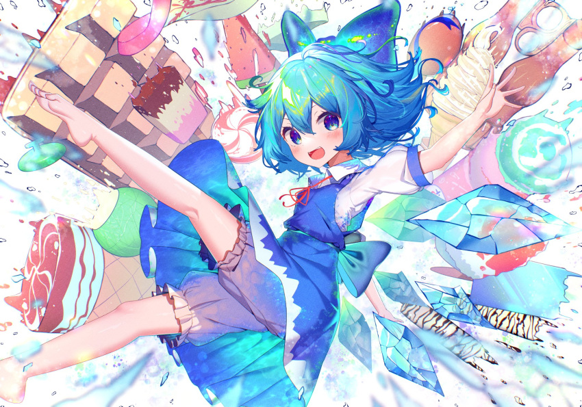 1girl :d bloomers blue_dress blue_eyes blue_hair blush bow cake cirno dress food foot_out_of_frame hair_bow happy highres ice ice_cream ice_cream_cone ice_wings kiramarukou looking_at_viewer open_mouth popsicle shaved_ice short_hair smile soft_serve solo touhou underwear wings