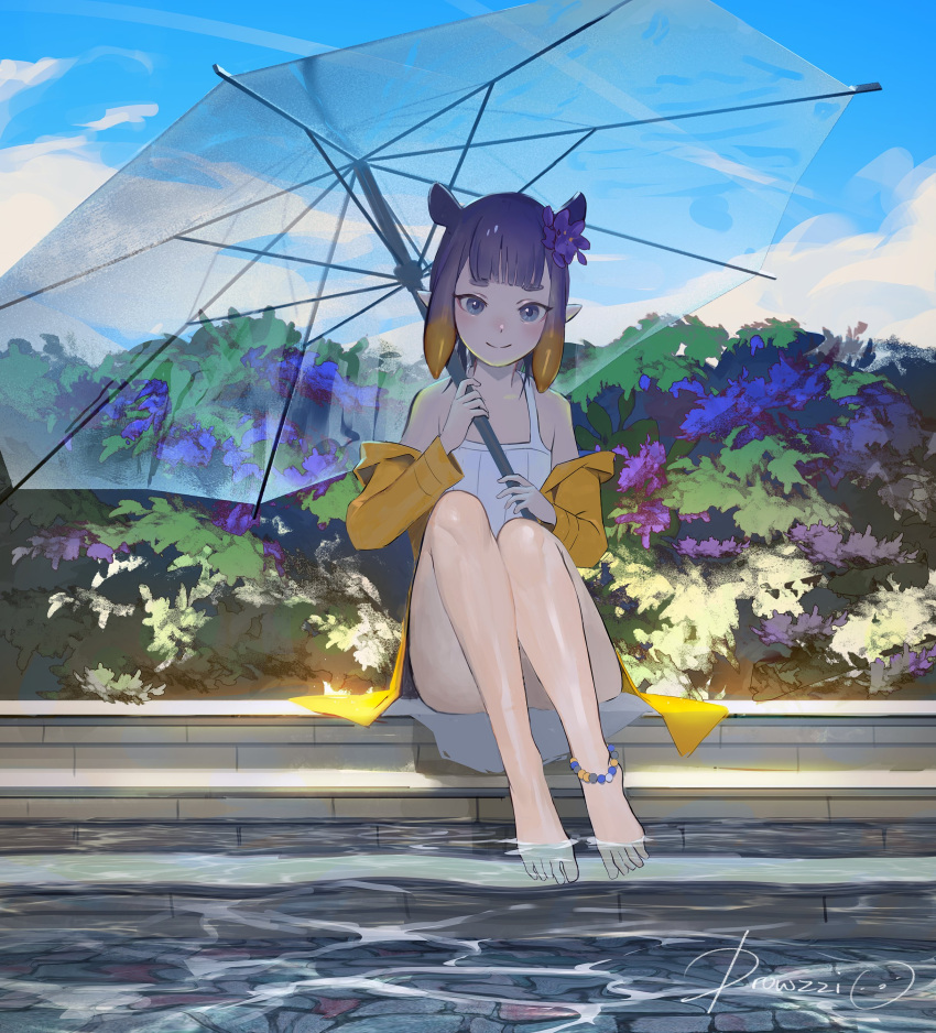 1girl absurdres alternate_costume anklet blue_sky day drowzzi english_commentary flower full_body hair_flower hair_ornament highres hololive hololive_english jacket jewelry long_hair looking_at_viewer ninomae_ina'nis off_shoulder one-piece_swimsuit outdoors plant pointy_ears pool purple_hair signature sitting sky smile soaking_feet solo swimsuit tentacle_hair umbrella violet_eyes virtual_youtuber white_swimsuit yellow_jacket