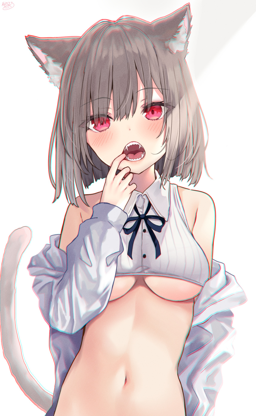 1girl :o absurdres akino_ell animal_ear_fluff animal_ears bare_shoulders breasts cat_ears cat_girl cat_tail collared_shirt crop_top fangs finger_in_mouth grey_hair highres jacket long_sleeves looking_at_viewer medium_breasts midriff navel neck_ribbon off_shoulder open_clothes open_jacket open_mouth original red_eyes ribbed_shirt ribbon shirt short_hair simple_background sleeveless sleeveless_shirt solo stomach tail under_boob upper_body white_background white_jacket white_shirt