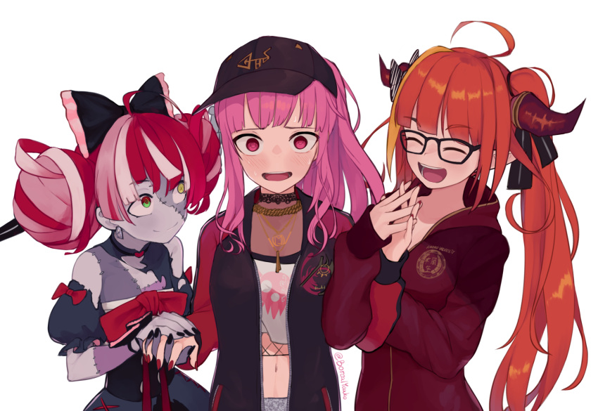 3girls ahoge bangs baseball_bat black-framed_eyewear black_headwear black_nails black_ribbon blonde_hair blush bow closed_eyes diagonal-striped_bow dragon_girl dragon_horns emblem eyebrows_visible_through_hair facing_another fingernails glasses hair_ribbon heterochromia highres holding holding_hands hololive hololive_english hololive_indonesia hood hood_down hooded_track_jacket horn_bow horn_ornament horns interlocked_fingers jacket jewelry kiryu_coco kureiji_ollie locked_arms long_hair long_sleeves looking_at_another looking_at_viewer midriff mori_calliope multicolored_hair multiple_girls nail_polish navel necklace number official_alternate_costume open_clothes open_jacket open_mouth orange_hair pink_eyes pink_hair pointy_ears ponytail red_jacket red_nails redhead ribbon sidelocks simple_background skull_print streaked_hair striped striped_bow sweat sword sword_in_head tank_top torn_clothes track_jacket twintails upper_body weapon white_background white_hair yoako zombie