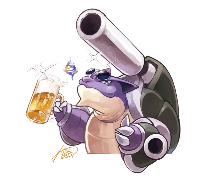 alcohol alternate_color beer beer_mug blastoise closed_mouth commentary_request cup foam gen_1_pokemon holding looking_at_viewer mega_blastoise mega_pokemon mug no_humans pokemon pokemon_(creature) red_eyes shiny_pokemon signature smile solo sparkle sunglasses thumbs_up warabimoti168 white_background