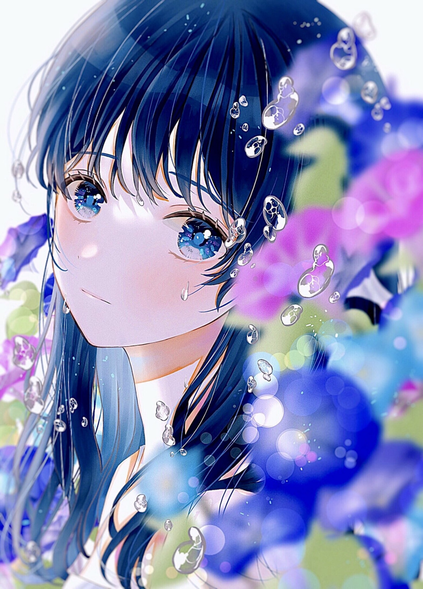 1girl bangs bare_shoulders blue_eyes blue_flowers blue_hair blurry blurry_foreground blush camisole closed_mouth drinkyog flower highres long_hair looking_at_viewer original purple_flower simple_background solo water_drop white_background white_camisole