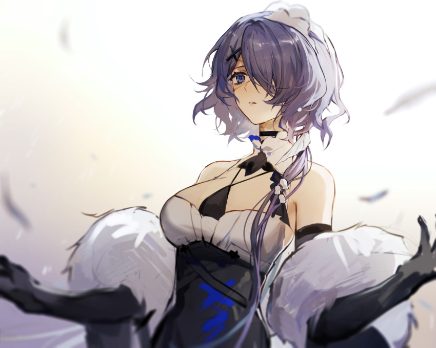 1girl arknights bare_shoulders black_gloves blue_eyes breasts chinese_commentary commentary_request elbow_gloves feather_boa gloves highres long_hair medium_breasts purple_hair qinglai_haiji solo upper_body whisperain_(arknights) whisperain_(tremble_cold)_(arknights)
