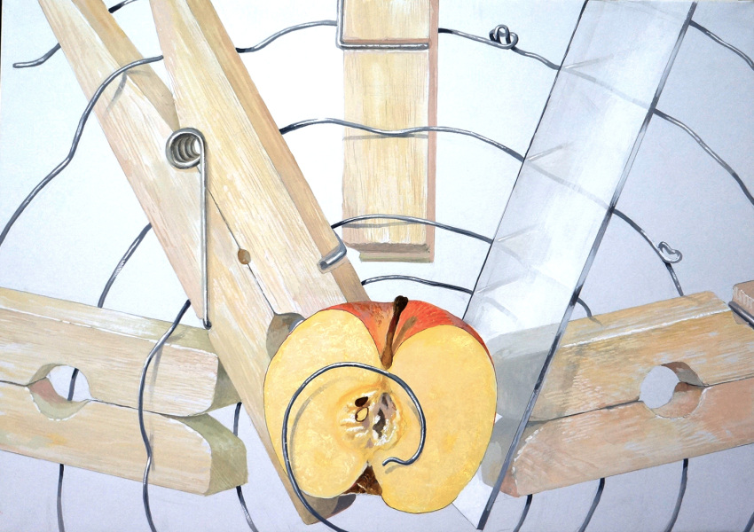 acrylic_paint_(medium) apple clothes_pin food fruit glass knot metal_wire no_humans original oversized_object seed senzaki-ryosuke simple_background spiral still_life traditional_media white_background wire