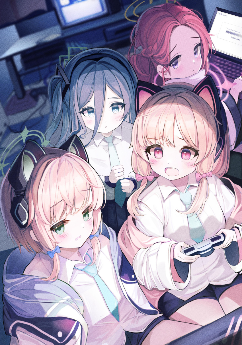4girls absurdres ahr_tato animal_ears arisu_(blue_archive) bangs blonde_hair blue_archive blue_bow blue_eyes blue_hair blue_jacket blue_neckwear blue_shorts blurry blurry_background blush bow collared_shirt commentary computer depth_of_field eyebrows_visible_through_hair fake_animal_ears green_eyes hair_between_eyes hair_bow headgear highres holding indoors jacket laptop long_hair long_sleeves looking_at_another looking_away looking_back midori_(blue_archive) momoi_(blue_archive) multiple_girls necktie off_shoulder open_mouth pink_bow pink_jacket red_eyes shirt shorts sidelocks sitting symbol_commentary twintails violet_eyes white_shirt yuzu_(blue_archive)