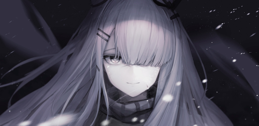 1girl arknights bangs black_background frostnova_(arknights) grey_eyes grey_scarf hair_ornament hair_over_eyes hairclip highres long_hair looking_at_viewer scar scar_on_face scar_on_nose scarf silver_hair smile snowing solo timitarcat upper_body