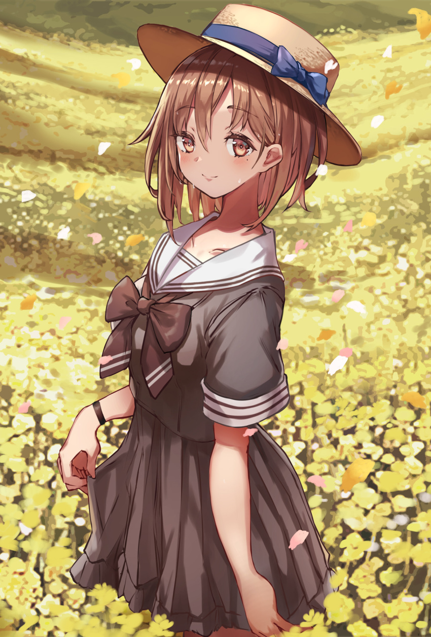 1girl black_serafuku black_shirt black_skirt bow bowtie brown_eyes brown_hair brown_headwear closed_mouth cowboy_shot field flower flower_field hat hat_ribbon highres looking_at_viewer meadow original pleated_skirt ribbon sailor_collar school_uniform serafuku shirt short_hair short_sleeves skirt smile solo standing top_hat wristband yellow_flower yu_ni_t