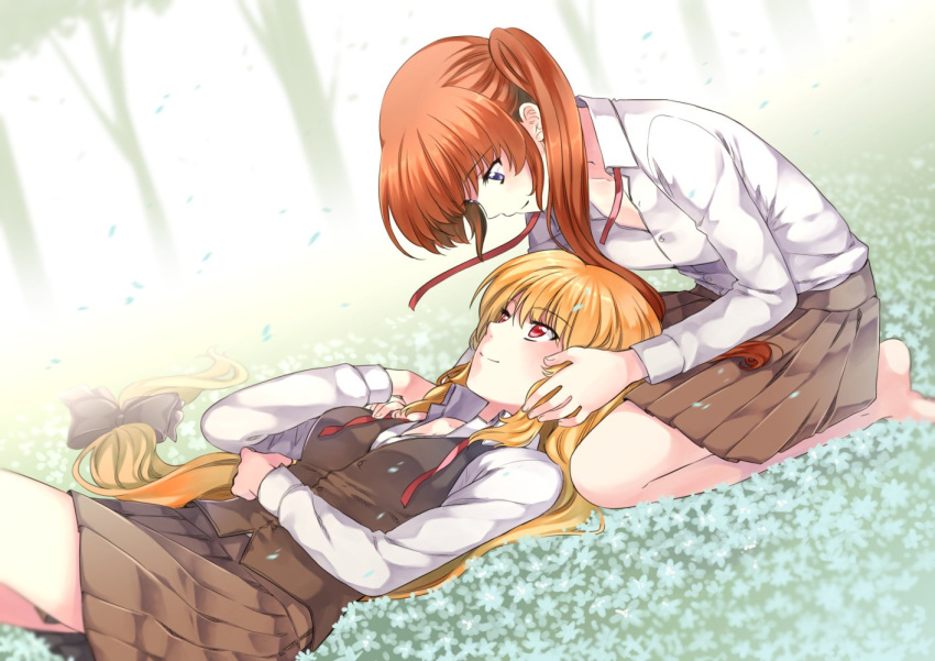 2girls black_bow blonde_hair blue_eyes bow brown_skirt collared_shirt fate_testarossa hair_bow kumanakris lap_pillow long_hair long_sleeves looking_at_another looking_down looking_up lying lyrical_nanoha multiple_girls on_back pleated_skirt red_eyes shirt sitting skirt spanish_commentary takamachi_nanoha very_long_hair yuri