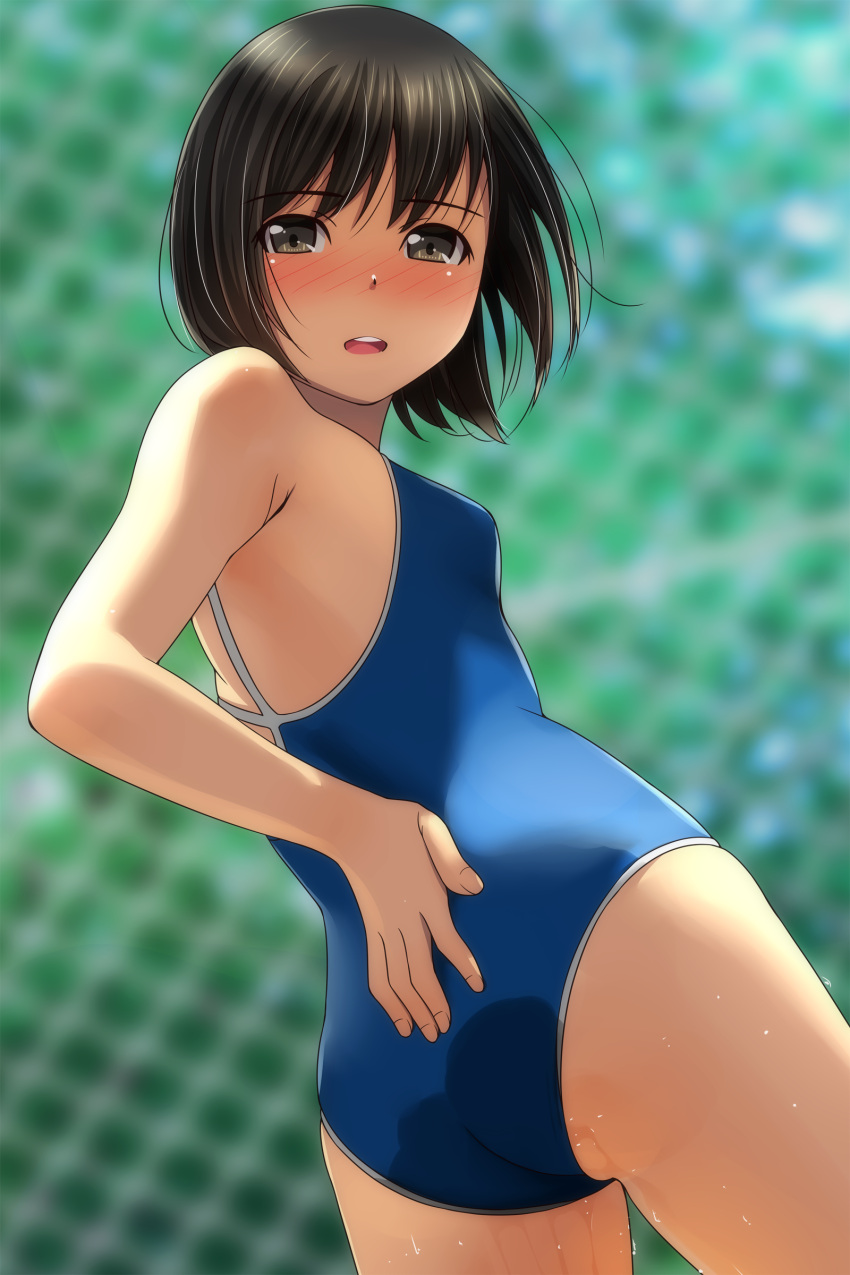 1girl absurdres bangs bare_arms bare_shoulders black_hair blue_swimsuit blurry blurry_background blush breasts brown_eyes chain-link_fence competition_school_swimsuit day depth_of_field eyebrows_visible_through_hair fence hand_on_ass highres matsunaga_kouyou nose_blush one-piece_swimsuit open_mouth original outdoors small_breasts solo swimsuit upper_teeth