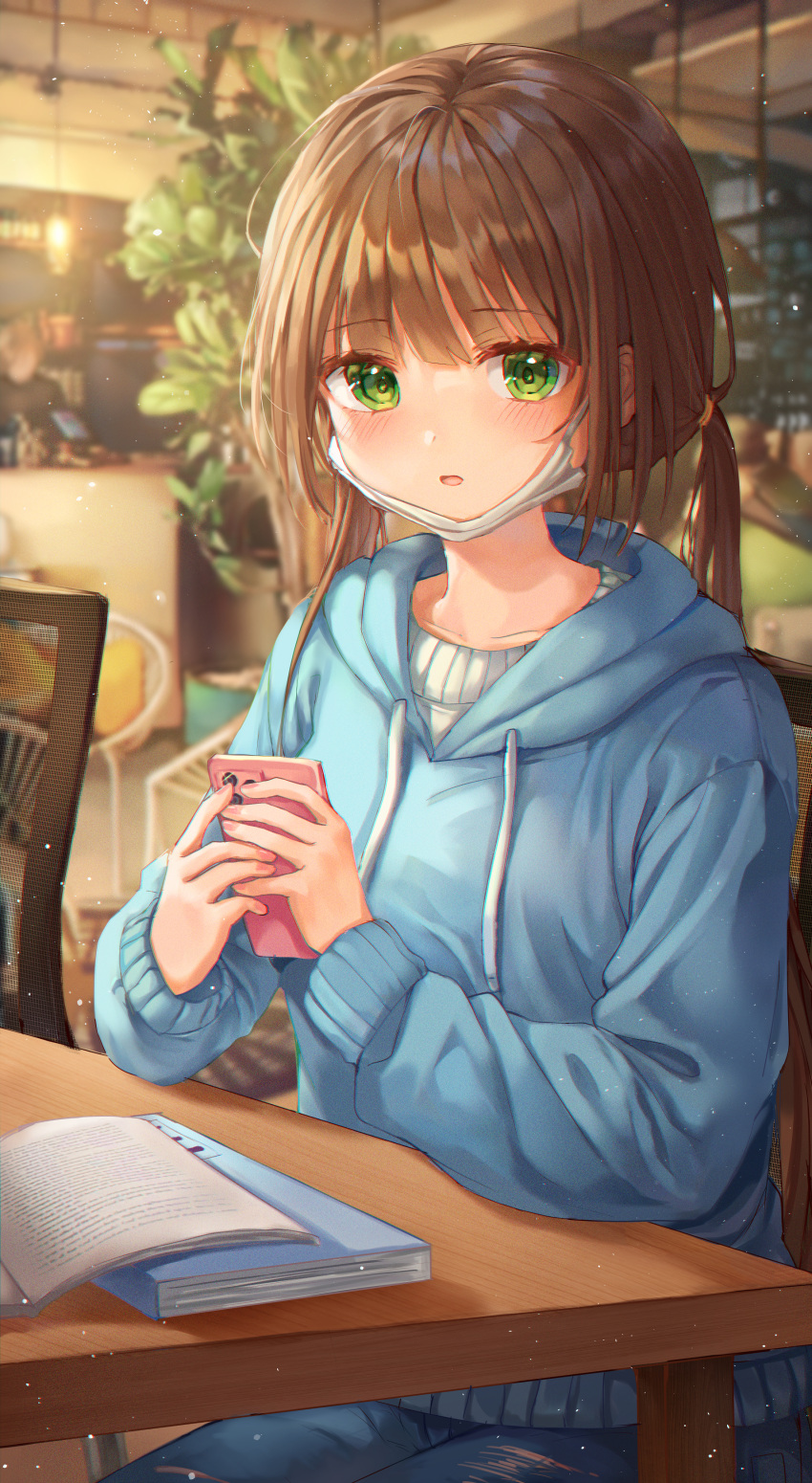 1girl absurdres bangs blue_hoodie blue_jacket blurry blurry_background blush brown_hair cellphone chair green_eyes highres holding holding_phone hood hoodie huge_filesize indoors jacket lime1125 long_hair looking_at_viewer mask mouth_mask notebook open_mouth original phone plant shirt sitting solo table twintails white_shirt window