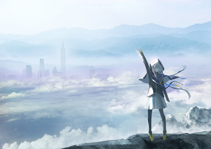 1girl absurdres arm_up boots building capelet clouds dress english_text highres hood hood_up hooded_capelet kaf medium_hair mountain mountainous_horizon pink_hair scenery side_ponytail skyscraper solo standing sun_1200 virtual_kaf virtual_youtuber yellow_pupils