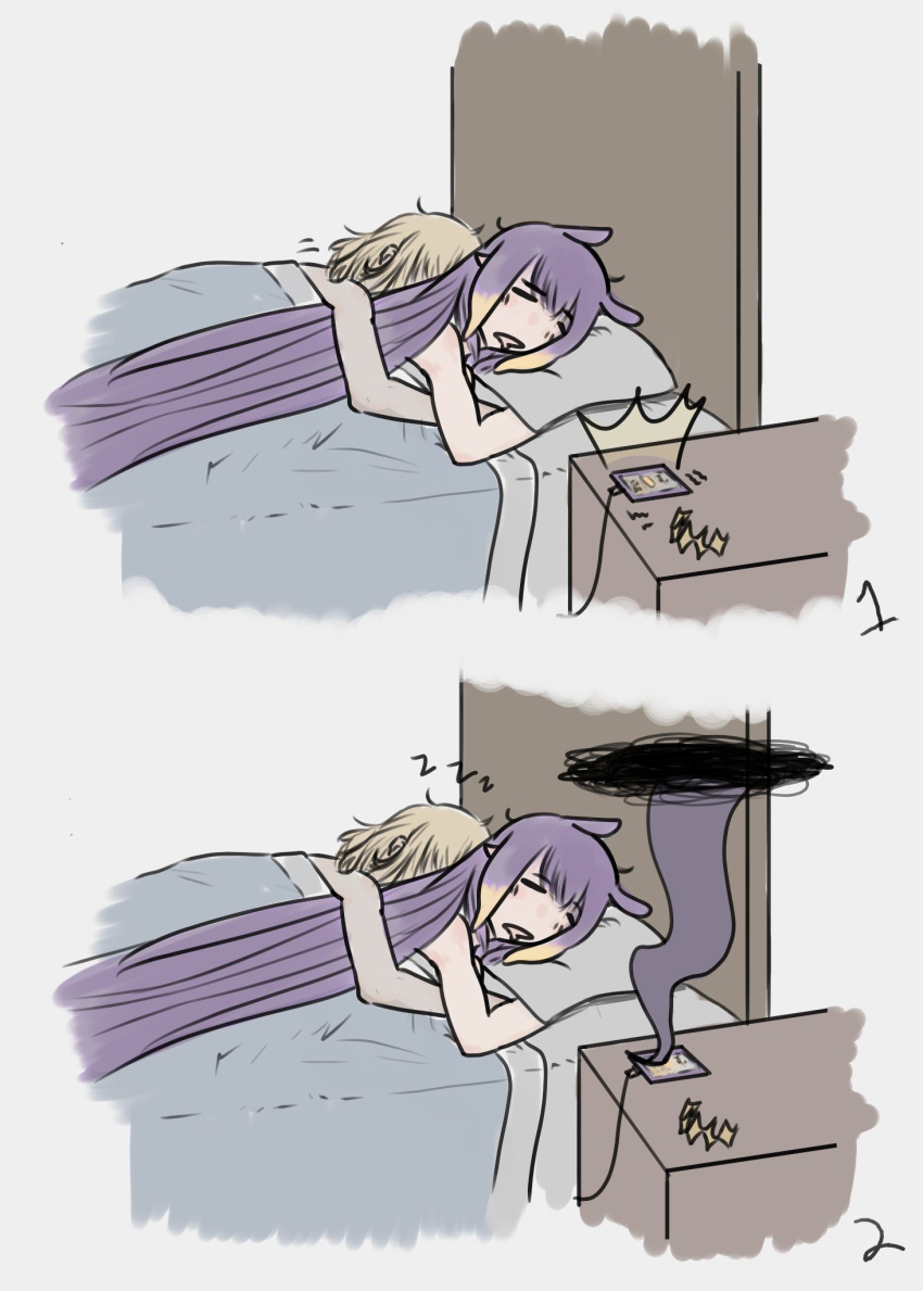 2girls bed blonde_hair drooling eyebrows_visible_through_hair headpiece_removed highres hololive hololive_english jayded_0 long_hair multiple_girls open_mouth pillow purple_hair sleeping tentacle_hair virtual_youtuber yuri zzz