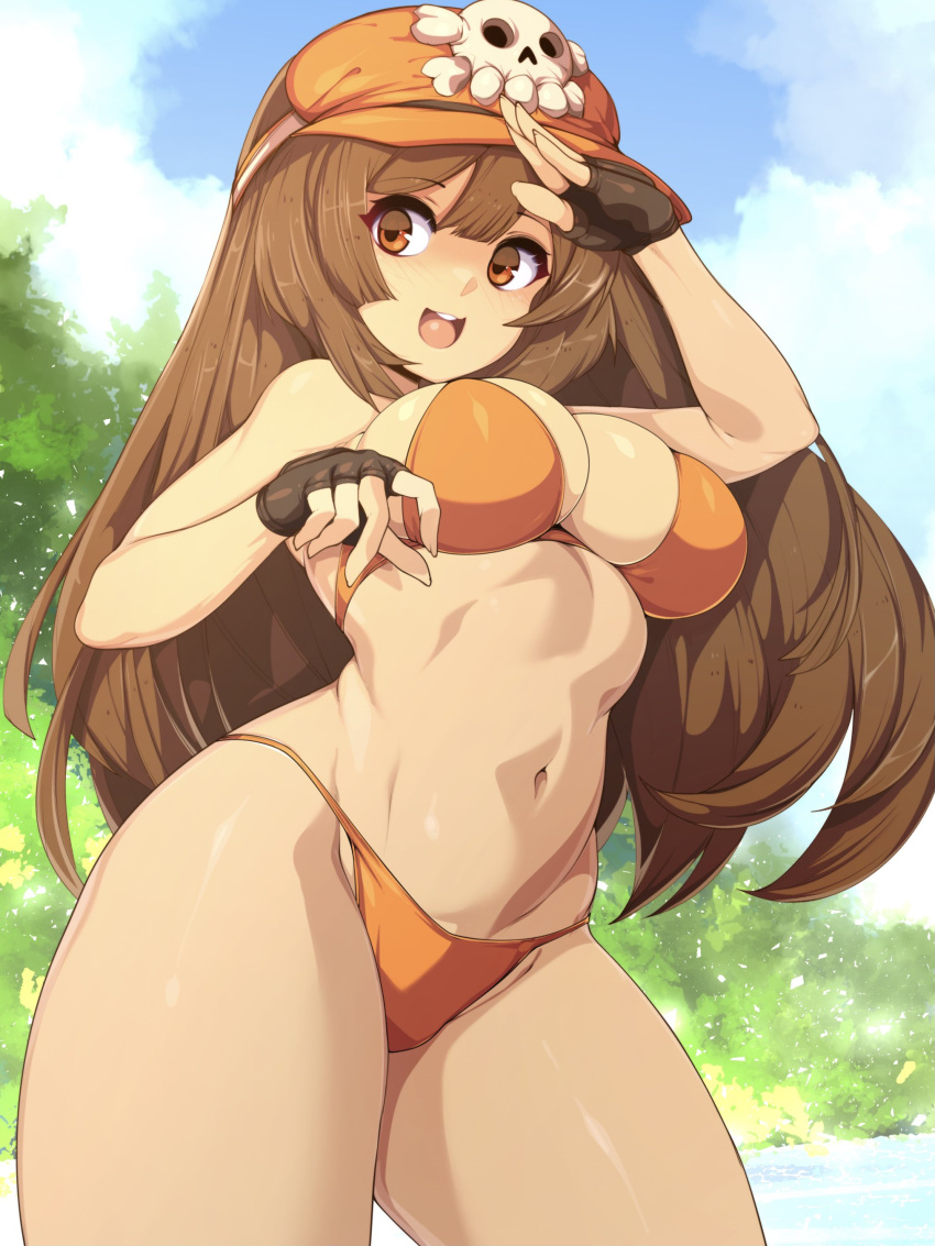 1girl absurdres bikini blush breasts brown_hair guilty_gear hat highres long_hair looking_at_viewer may_(guilty_gear) medium_breasts navel orange_bikini orange_eyes orange_headwear outdoors pirate_hat salute shiny shiny_hair shiny_skin skindentation slugbox smile solo standing swimsuit