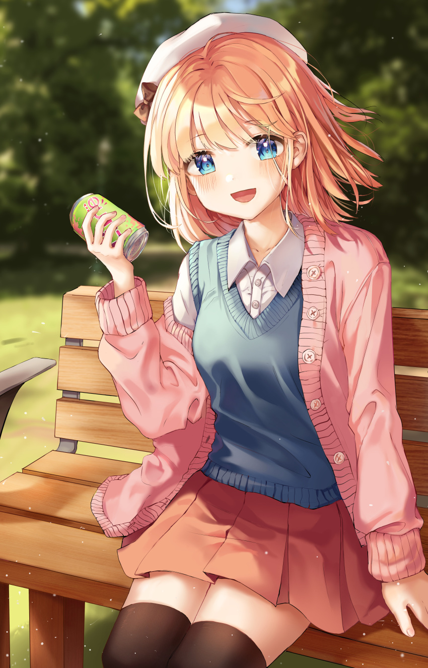 1girl :d absurdres bench beret black_legwear blonde_hair blue_eyes blue_vest blurry blurry_background blush can cardigan collared_shirt grass hat highres holding holding_can lime1125 long_sleeves looking_at_viewer medium_hair open_mouth orange_skirt original outdoors pink_cardigan pleated_skirt school_uniform shirt sitting skirt smile solo thigh-highs tree vest white_headwear white_shirt