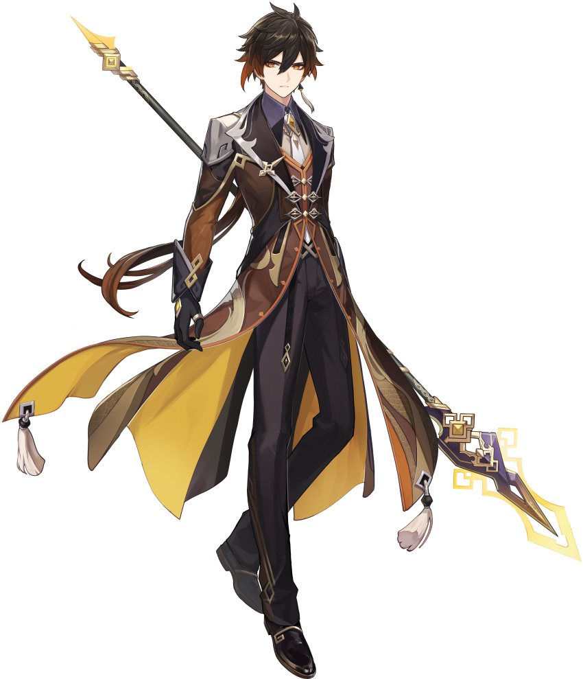 1boy absurdres brown_hair full_body gem genshin_impact gloves hair_ornament highres long_hair low_ponytail multicolored_hair official_art orange_eyes orange_hair polearm solo spear transparent_background two-tone_hair weapon zhongli_(genshin_impact)