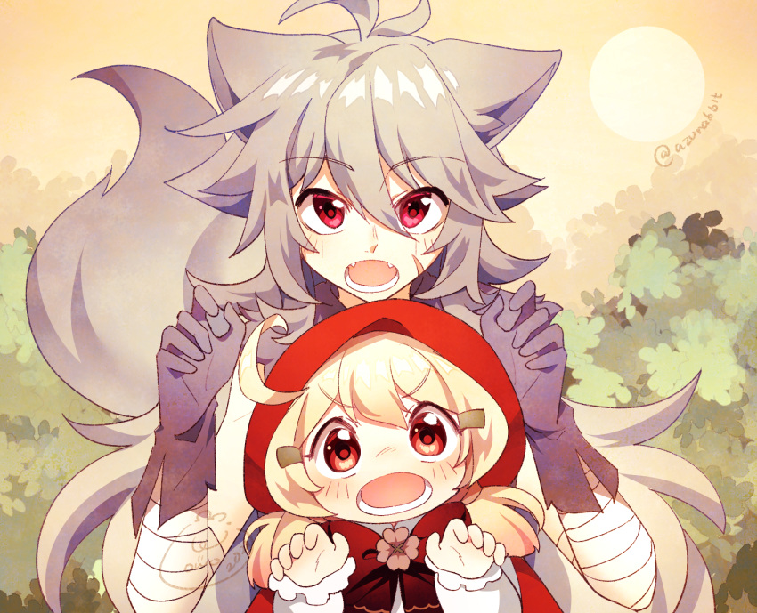 1boy 1girl :o ahoge alternate_costume animal_ears bandaged_arm bandages bangs big_bad_wolf_(grimm) big_bad_wolf_(grimm)_(cosplay) claw_pose clover cosplay eyebrows_visible_through_hair fangs four-leaf_clover genshin_impact gloves grey_gloves grey_hair hair_between_eyes hair_ornament hairpin highres kemonomimi_mode klee_(genshin_impact) light_brown_hair little_red_riding_hood little_red_riding_hood_(grimm) little_red_riding_hood_(grimm)_(cosplay) long_hair looking_at_viewer low_twintails miomawla orange_eyes razor_(genshin_impact) red_eyes red_hood scar scar_on_cheek scar_on_face sidelocks size_difference tail twintails wolf_ears wolf_tail