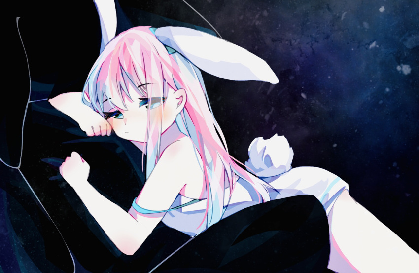 1girl animal_ears blue_eyes bunny_tail camisole chair eyebrows_visible_through_hair from_side long_hair lying no_pants on_stomach original pink_hair rabbit_ears solo strap_slip tail white_camisole yuurei_(chcc8384)