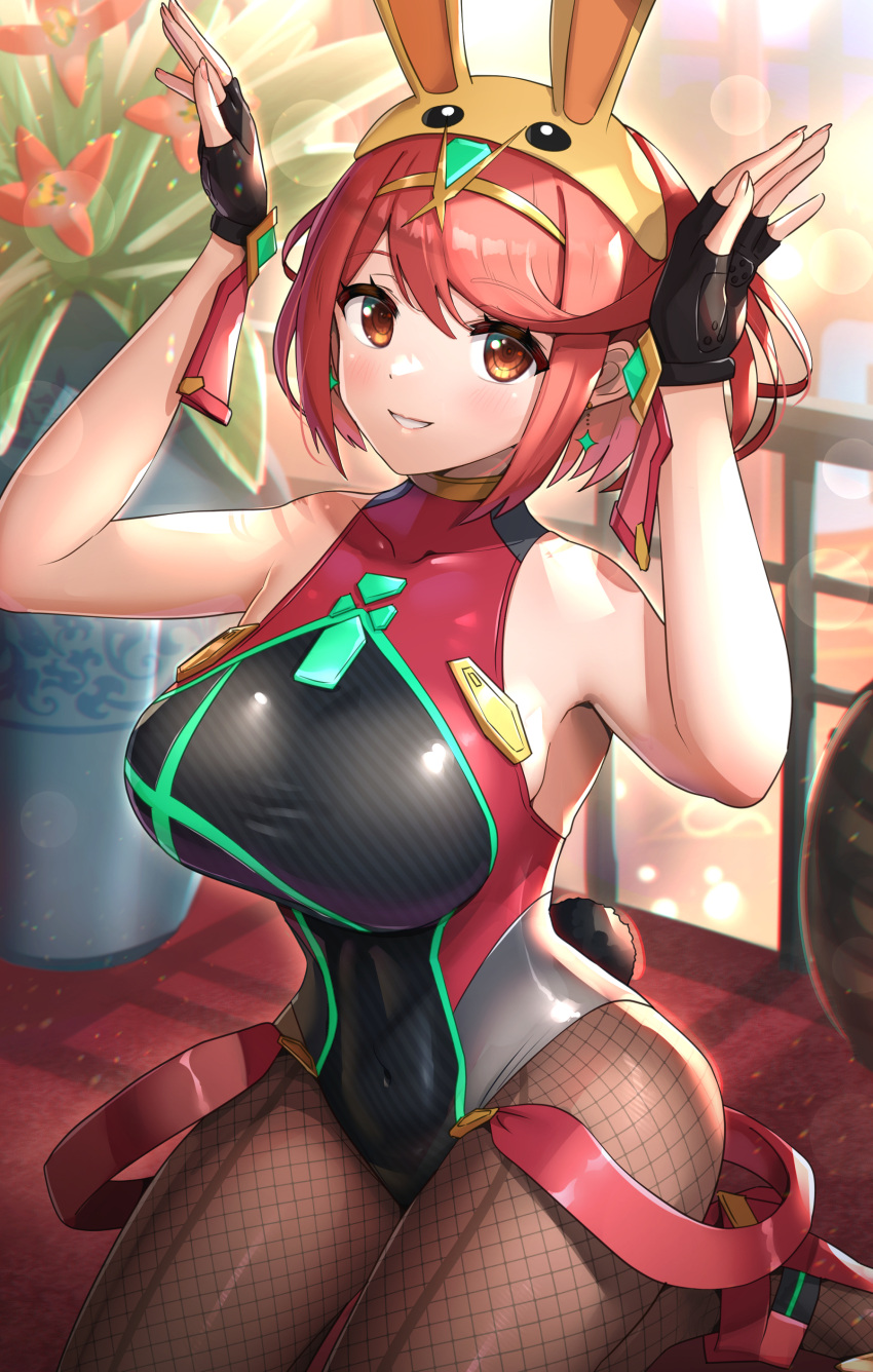 1girl absurdres black_gloves breasts brown_eyes brown_legwear commentary_request eyebrows_visible_through_hair fingerless_gloves fishnet_legwear fishnets gloves gonzarez hands_up headpiece highres large_breasts looking_at_viewer pyra_(xenoblade) redhead short_hair sitting sleeveless smile solo wariza xenoblade_chronicles_(series) xenoblade_chronicles_2