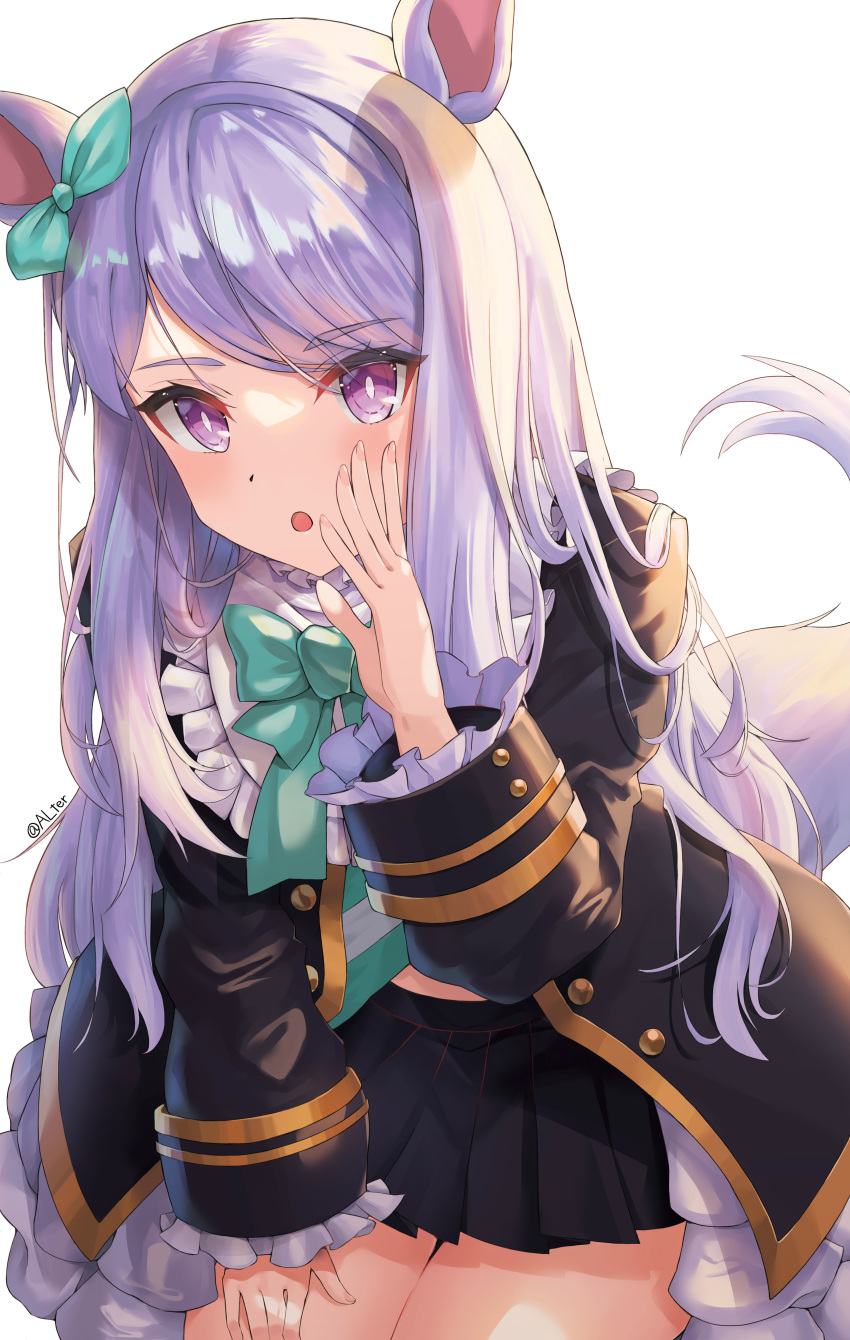 absurdres alter_(kxk7357) animal_ears artist_name black_skirt eyebrows_visible_through_hair hand_on_own_face highres long_hair mejiro_mcqueen_(umamusume) miniskirt no_nose open_mouth pleated_skirt purple_hair skirt tail umamusume very_long_hair violet_eyes