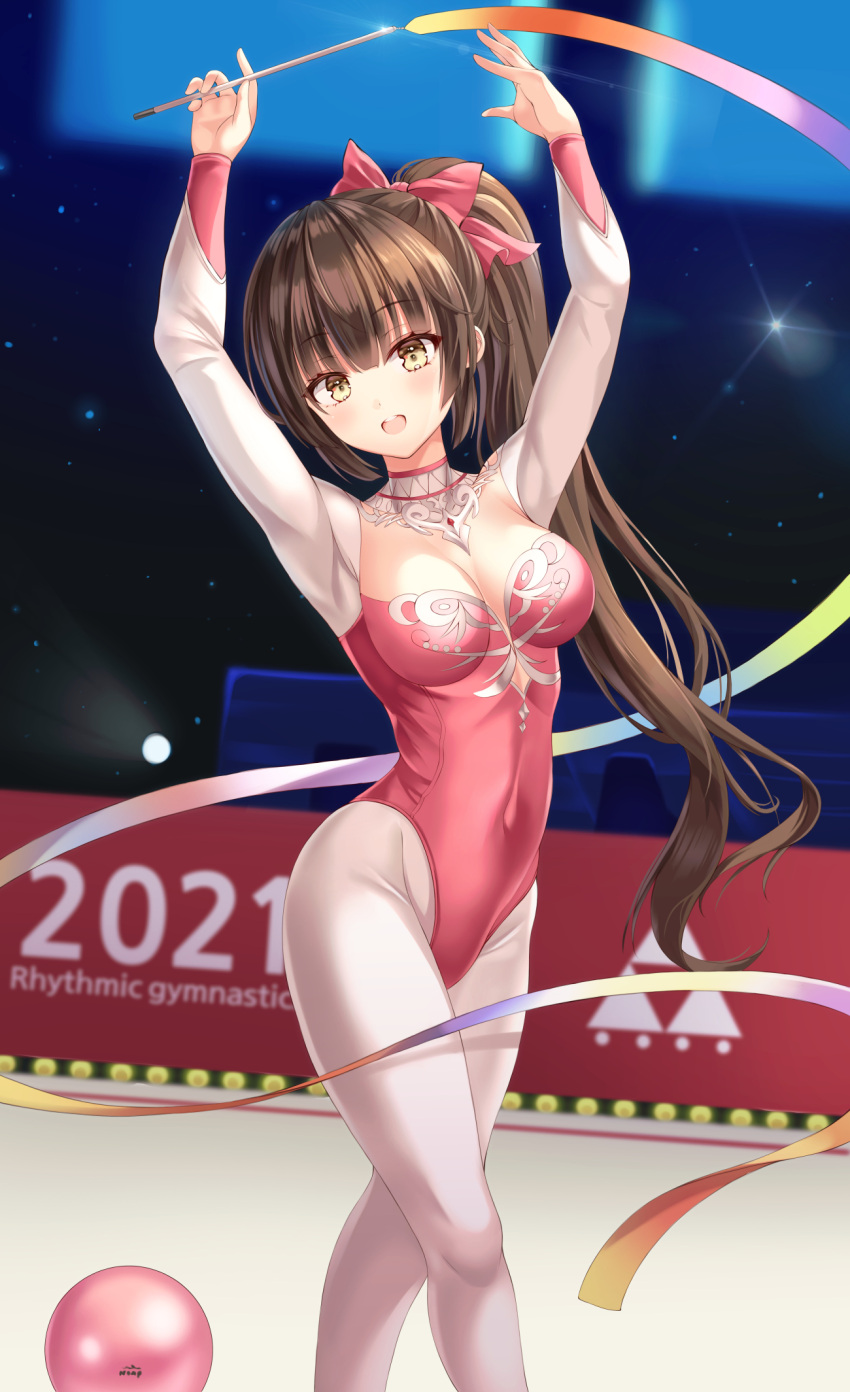 1girl 2021 :d arms_up athletic_leotard ball bangs blush bnari bow breasts brown_hair commentary commission covered_navel eyebrows_visible_through_hair gymnastics gymnastics_ribbon hair_bow highres holding leotard long_hair long_sleeves looking_at_viewer medium_breasts open_mouth original pantyhose ponytail red_bow red_leotard rhythmic_gymnastics smile solo very_long_hair white_legwear white_sleeves yellow_eyes