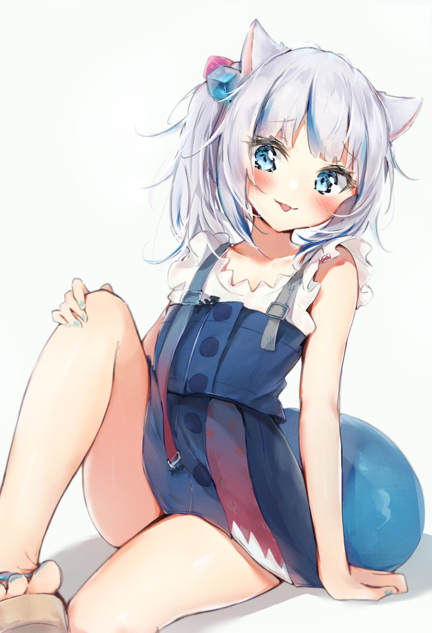 1girl :p animal_ears bangs bare_arms bare_legs bare_shoulders blue_dress blue_eyes blush cat_ears closed_mouth collarbone dress eyebrows_visible_through_hair gawr_gura hair_cubes hair_ornament highres hololive hololive_english knee_up looking_at_viewer sandals seboneko shirt short_hair short_ponytail side_ponytail simple_background sitting sleeveless sleeveless_dress sleeveless_shirt solo tail tongue tongue_out virtual_youtuber white_background white_shirt