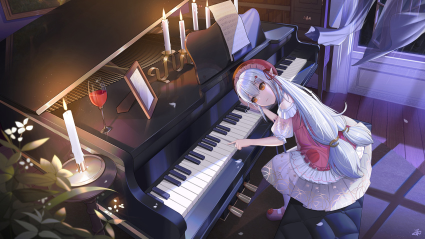 1girl alcohol candle candlelight cup curtains dress drinking_glass frilled_dress frills grand_piano hat highres indoors instrument long_hair moonlight night original piano picture_frame plant pointy_ears red_headwear sheet_music short_sleeves solo tagme vampire white_hair window wine wine_glass wooden_floor yellow_eyes yuxing_yuhang
