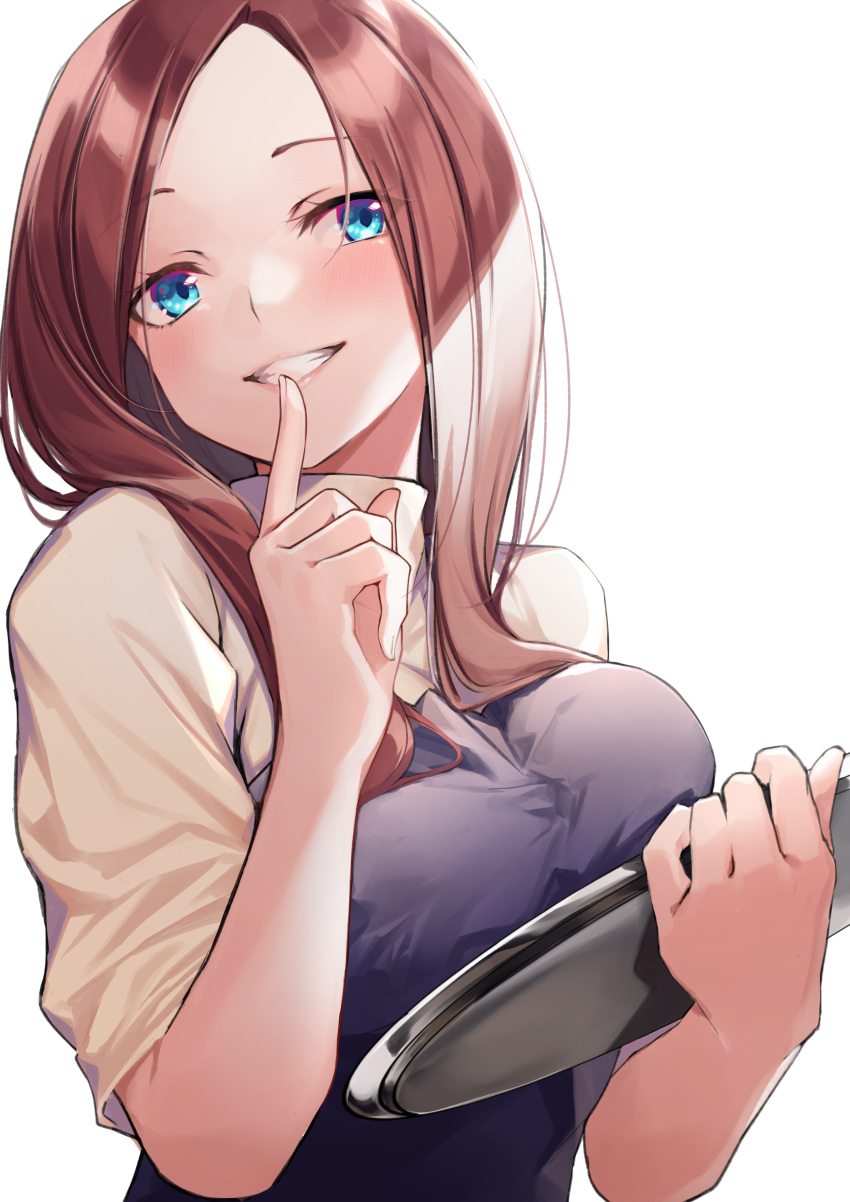 1girl absurdres apron blue_apron blue_eyes blush brown_hair commentary_request eyebrows_visible_through_hair eyes_visible_through_hair facing_viewer finger_to_mouth go-toubun_no_hanayome hachiroku_(hatirokusann86) highres holding holding_tray long_hair nakano_miku open_mouth shirt short_sleeves simple_background smile solo teeth tray upper_body white_background white_shirt