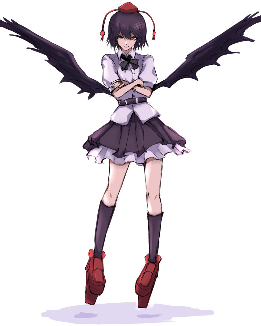 1girl 33_gaff bangs belt bird_wings black_belt black_bow black_hair black_neckwear black_skirt black_wings bow bowtie closed_mouth crossed_arms frilled_skirt frills full_body geta hat highres kneehighs looking_at_viewer pleated_skirt puffy_short_sleeves puffy_sleeves red_eyes red_footwear red_neckwear shameimaru_aya shirt short_hair short_sleeves simple_background skirt smile solo standing tengu-geta tokin_hat touhou white_background white_shirt wings