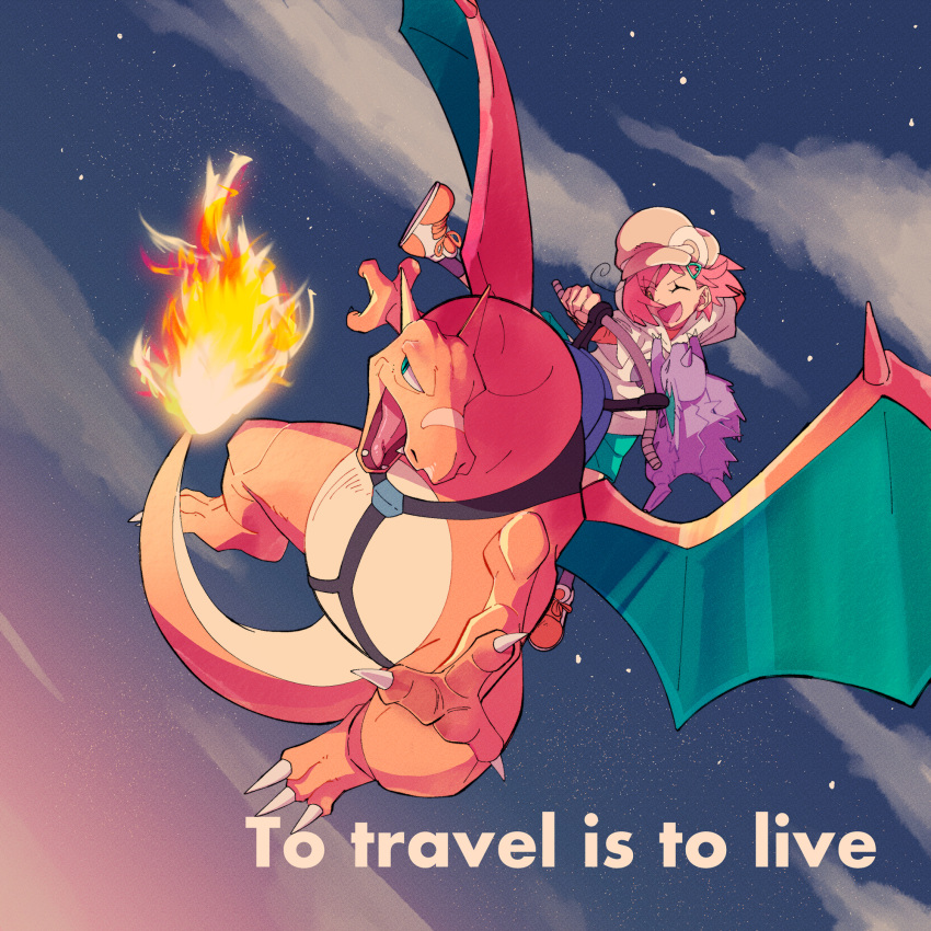1girl bangs charizard closed_eyes clouds commentary_request english_text eyelashes fire from_below gen_1_pokemon hair_ornament hairclip harness hat highres holding how_long nidoran nidoran_(male) open_mouth outdoors pokemon pokemon_(anime) poketoon purple_legwear riding riding_pokemon shoes short_hair short_sleeves sky smile socks star_(sky) tongue tsubomi_(pokemon) twilight |d