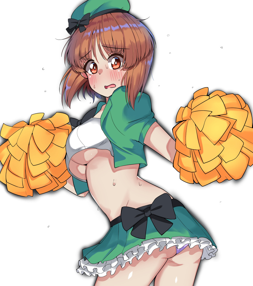 1girl absurdres alternate_costume antyobi0720 ass bandeau bangs beret blue_panties blush bow_skirt breasts brown_eyes brown_hair cheerleader cowboy_shot cropped_jacket frilled_skirt frills from_side frown girls_und_panzer green_headwear green_jacket green_skirt hat highres holding holding_pom_poms jacket looking_at_viewer looking_back medium_hair microskirt nishizumi_miho open_mouth panties pantyshot pleated_skirt pom_poms short_hair simple_background skirt solo standing sweatdrop under_boob underwear white_background