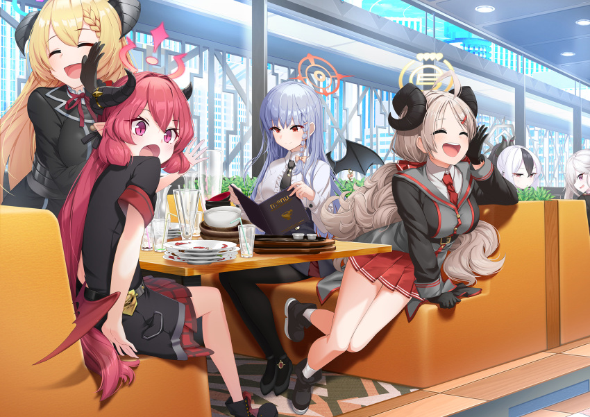 6+girls :d :o ^_^ akari_(blue_archive) arm_support bangs bendy_straw black_footwear black_gloves black_hair black_legwear black_neckwear black_shirt black_wings blonde_hair blue_archive boots braid breasts center_frills closed_eyes commentary_request couch cup curled_horns day demon_wings drinking_glass drinking_straw eyebrows_visible_through_hair frills gloves grey_hair hair_ornament hairclip halo haruna_(blue_archive) highres horns indoors izumi_(blue_archive) junko_(blue_archive) kayoko_(blue_archive) long_sleeves low_wings medium_breasts menu multicolored_hair multiple_girls mutsuki_(blue_archive) necktie o_(rakkasei) on_couch open_mouth pantyhose parted_bangs plate pleated_skirt profile red_eyes red_neckwear red_skirt red_wings redhead shirt short_sleeves sitting skirt smile socks table two-tone_hair upper_teeth violet_eyes white_hair white_legwear wings
