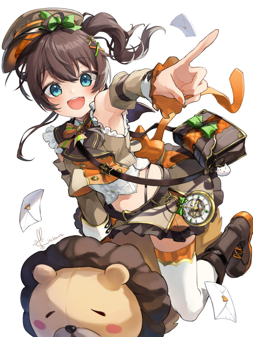 1girl :d ahoge armpits bag bangs belt blue_eyes blush boots bow bowtie breasts brown_dress brown_footwear brown_hair brown_headwear brown_shirt buttons commentary_request crop_top detached_sleeves double-breasted dress ebi_frion_(natsuiro_matsuri) eyebrows_visible_through_hair frilled_shirt frilled_skirt frills full_body hair_bow hair_ornament highres hololive kito_koruta leaning_forward letter looking_at_viewer midriff miniskirt natsuiro_matsuri navel official_alternate_costume open_mouth orange_bow orange_nails pointing sailor_collar shiny shiny_hair shirt short_hair shoulder_bag side_ponytail sidelocks signature simple_background skirt small_breasts smile solo straddling thigh-highs upper_teeth virtual_youtuber white_background white_legwear