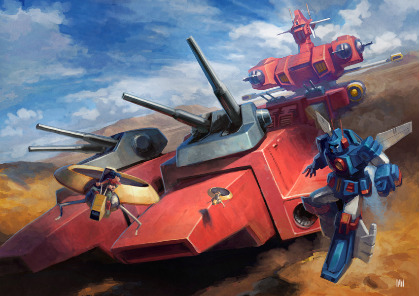 1girl battleship blue_hair clenched_hand flying fmu hovercraft iron_gear looking_to_the_side mecha military military_vehicle open_hand pilot_suit rag_uralo science_fiction sentou_mecha_xabungle ship short_hair turret visor warship watercraft xabungle_(mecha)