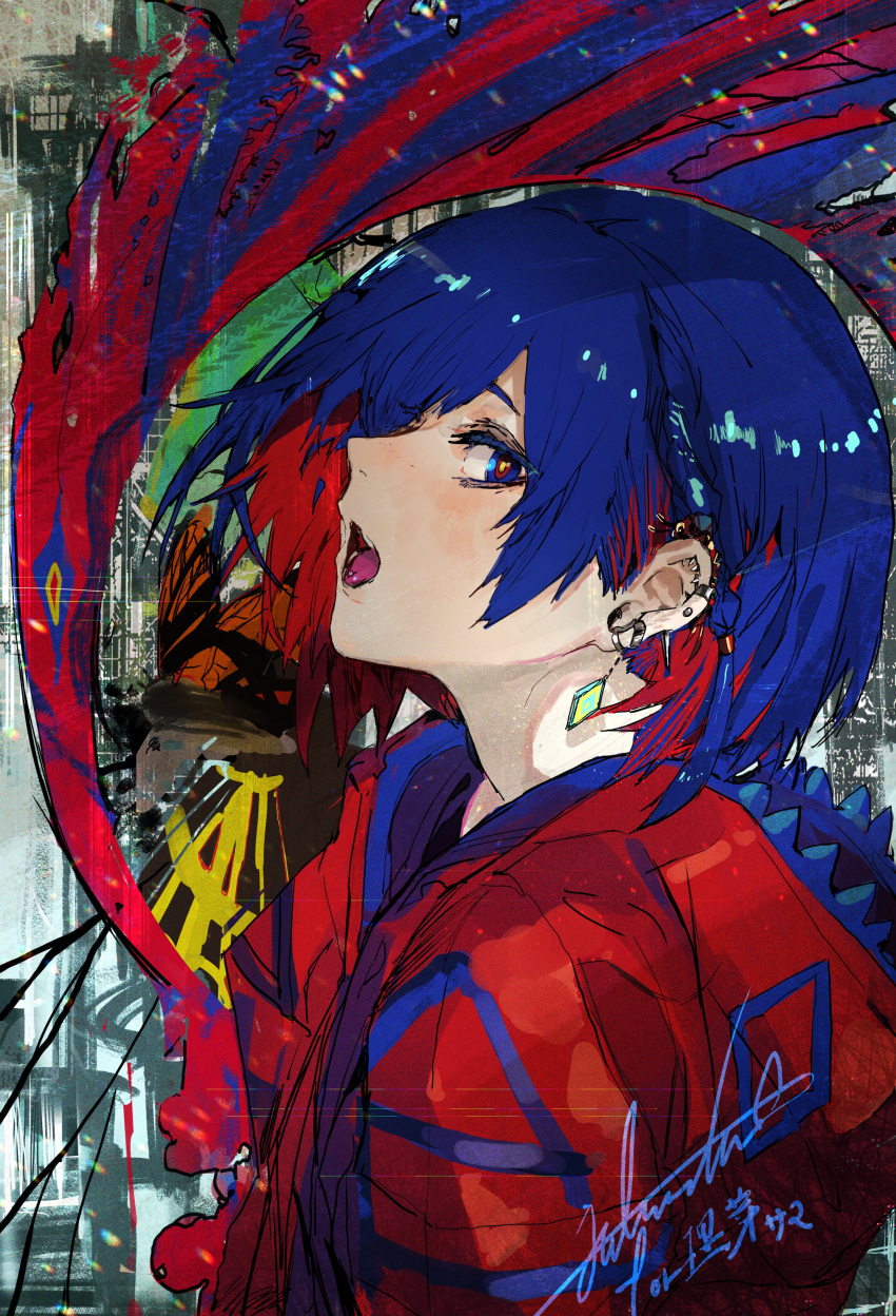 1girl abstract_background absurdres blue_hair colored_inner_hair diamond_(shape) ear_piercing earrings highres hiranko hood hood_down hooded_jacket jacket jewelry kamitsubaki_studio looking_at_viewer multicolored multicolored_eyes multicolored_hair open_mouth piercing profile red_jacket redhead rime short_hair signature solo two-tone_hair upper_body virtual_youtuber