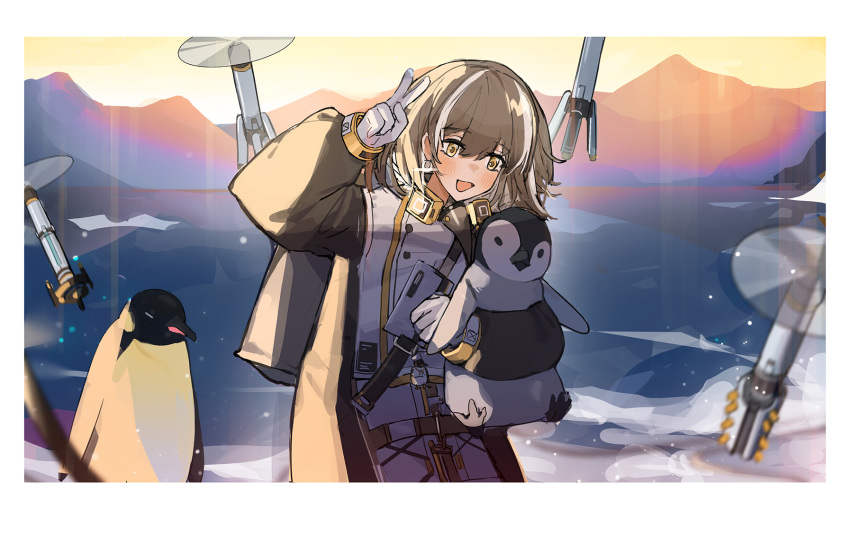 1girl :3 :d animal arknights backpack bag beak_mask bird brown_hair cameo coat drone earrings eyebrows_visible_through_hair hair_between_eyes highres holding holding_animal holding_bird jewelry lake looking_at_viewer magallan_(arknights) mask mask_around_neck mountain multicolored_hair open_mouth outdoors penguin short_hair silver_hair smile snow solo streaked_hair the_emperor_(arknights) two-tone_hair upper_body v white_coat winter_clothes winter_coat yellow_eyes yurooe
