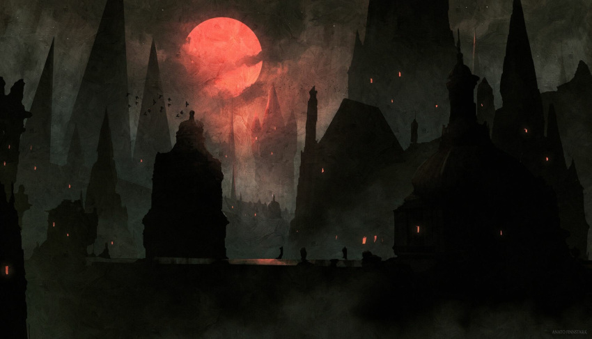 anato_finnstark artist_name bloodborne building clouds cloudy_sky fog full_moon highres moon night no_humans outdoors red_moon scenery sky spot_color yharnam