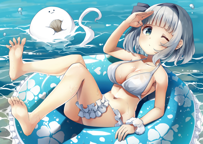 1girl bangs bare_shoulders barefoot bikini black_hairband breasts closed_mouth eyebrows_visible_through_hair floral_print flower ghost green_eyes hairband hand_up highres konpaku_youmu konpaku_youmu_(ghost) looking_at_viewer lying medium_breasts ocean one_eye_closed pegashi short_hair silver_hair solo swimsuit touhou water white_bikini white_flower