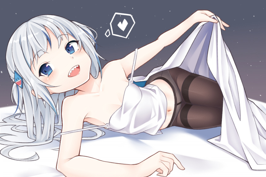 1girl ai_cao bangs blue_eyes blue_hair brown_legwear camisole commentary english_commentary eyebrows_visible_through_hair gawr_gura hair_ornament heart highres holding hololive hololive_english long_hair midriff multicolored_hair navel open_mouth panties panties_under_pantyhose pantyhose shark_hair_ornament sharp_teeth silver_hair solo spoken_heart strap_slip streaked_hair teeth two_side_up under_covers underwear virtual_youtuber white_panties
