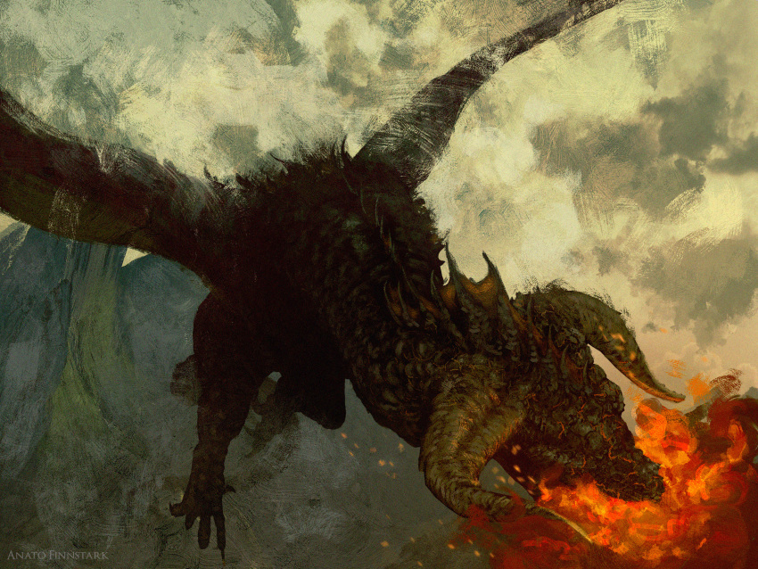 anato_finnstark artist_name breathing_fire clouds dragon fantasy fire flying highres no_humans original spread_wings