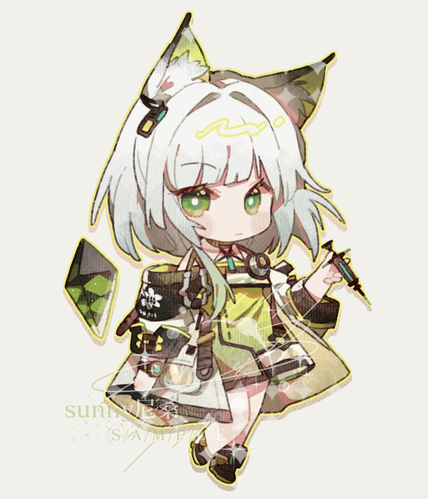 1girl animal_ear_fluff animal_ears arknights bangs bare_shoulders chibi chinese_commentary closed_mouth commentary detached_collar dress earpiece eyebrows_visible_through_hair full_body green_dress green_hair highres holding holding_syringe jacket jewelry kal'tsit_(arknights) light_green_hair long_sleeves lynx_ears off-shoulder_dress off_shoulder sample short_hair solo standing stethoscope sunny_nisang syringe watermark