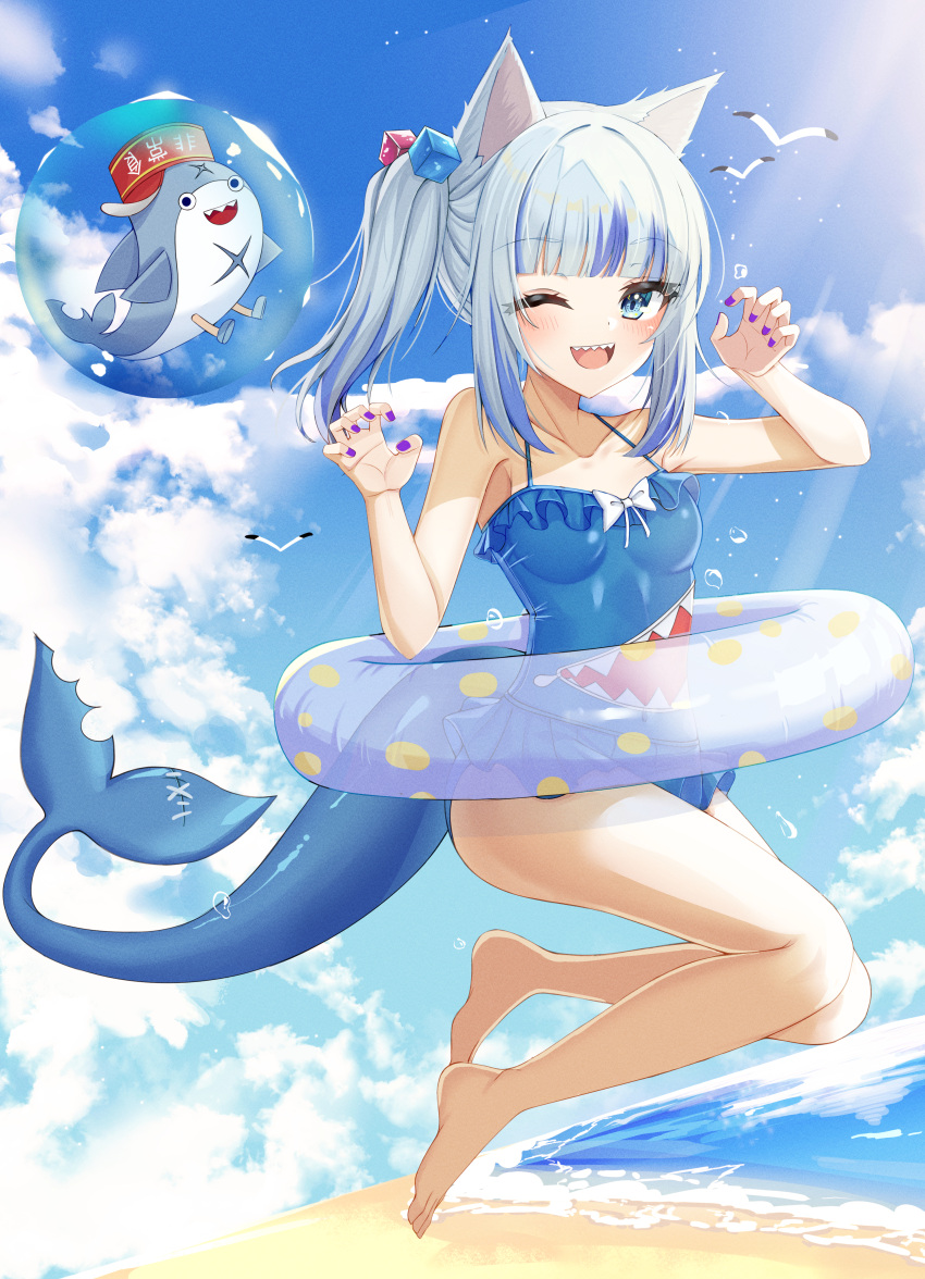 1girl ;d absurdres animal_ears bangs bare_arms bare_legs bare_shoulders barefoot beach bloop_(gawr_gura) blue_eyes blue_hair blue_swimsuit blunt_bangs breasts bubble cat_ears claw_pose clouds collarbone commentary_request day eyebrows_visible_through_hair fish_tail full_body gawr_gura hands_up highres hololive hololive_english huge_filesize innertube jumping kaku_(walletbreaker) long_hair looking_at_viewer mascot multicolored_hair nail_polish ocean one-piece_swimsuit one_eye_closed open_mouth outdoors purple_nails shark_tail sharp_teeth side_ponytail silver_hair sky small_breasts smile solo streaked_hair swimsuit tail teeth water