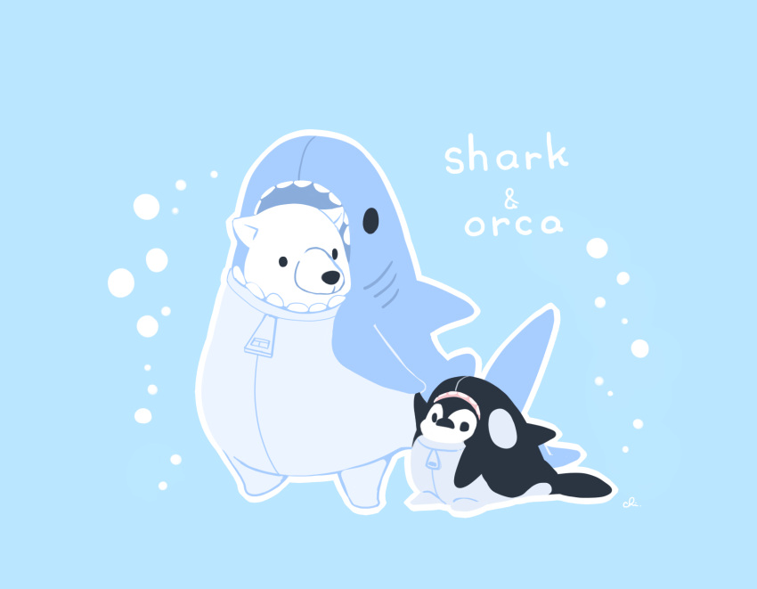 animal_costume bear bird black_eyes blue_background chai costume english_text highres no_humans original penguin polar_bear shark_costume simple_background standing