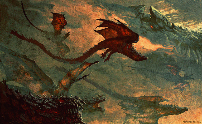 anato_finnstark ancalagon breathing_fire commentary dragon english_commentary fire flying from_side highres legendarium limited_palette monster no_humans the_silmarillion