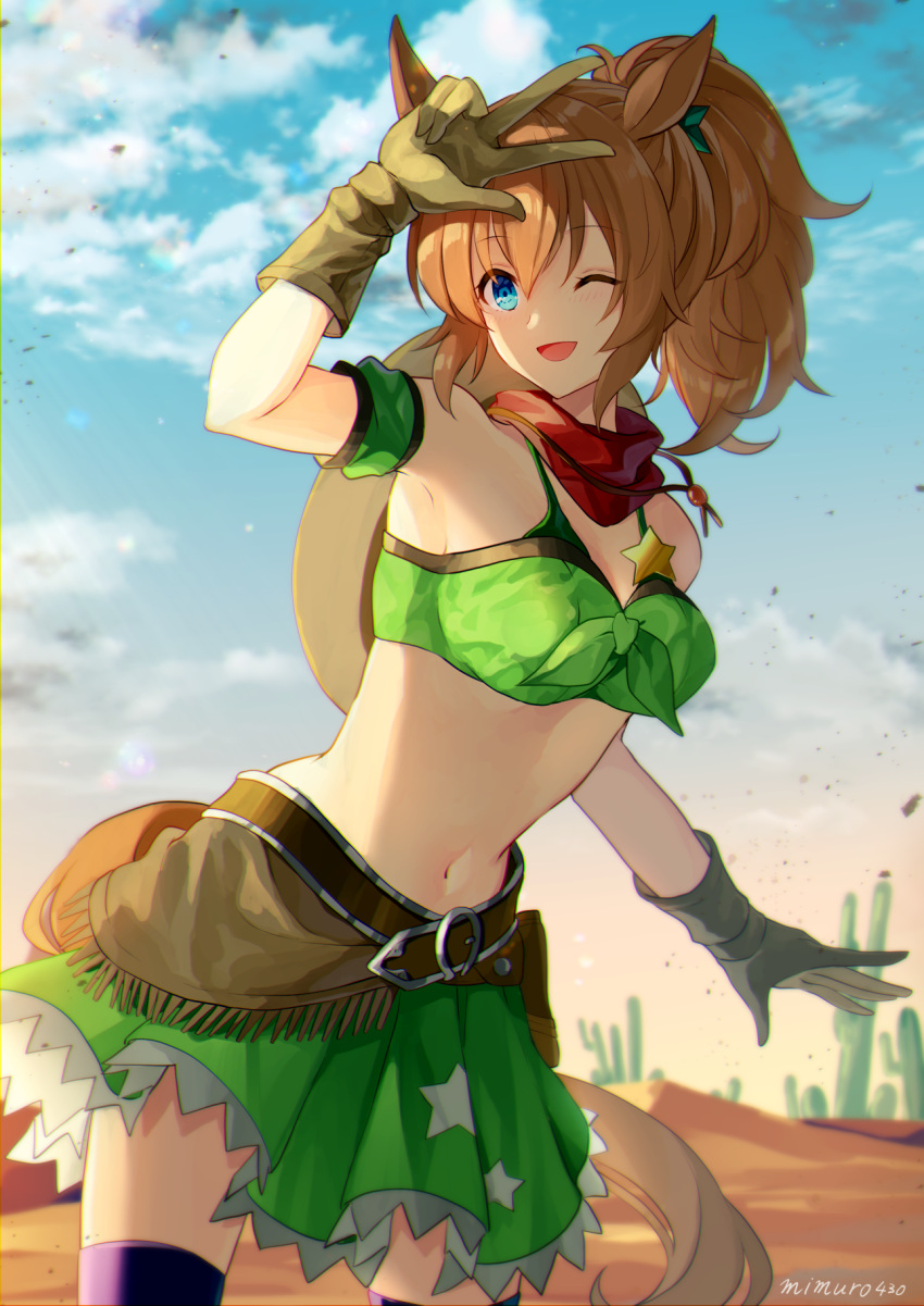 1girl ;d animal_ears arm_up armpits artist_name bandeau bangs bare_shoulders belt blue_eyes blue_sky blush breasts brown_belt brown_gloves brown_hair cactus clouds commentary_request cowboy_hat cowboy_shot desert detached_sleeves english_commentary eyebrows_visible_through_hair gloves gradient_sky green_skirt hair_between_eyes hair_ornament hat hat_on_back highres holstered_weapon horse_ears horse_girl horse_tail large_breasts long_hair looking_at_viewer midriff mixed-language_commentary morning navel one_eye_closed open_mouth outdoors ponytail purple_legwear red_scarf scarf sheriff_badge sidelocks skindentation skirt sky smile solo standing star_(symbol) star_hair_ornament star_print t-inababa taiki_shuttle_(umamusume) tail thigh-highs umamusume v zettai_ryouiki